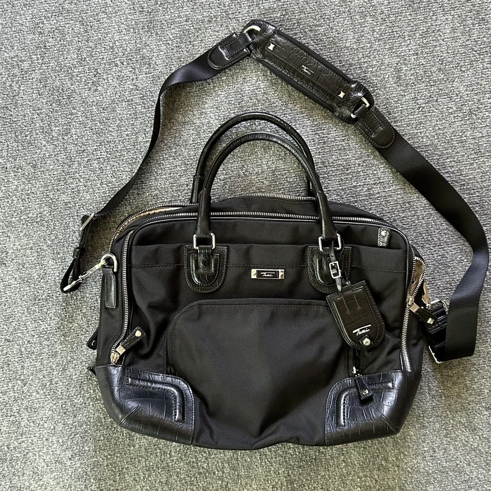TUMI Black Ballistic Nylon Croc Embossed Leather Laptop Briefcase Bag